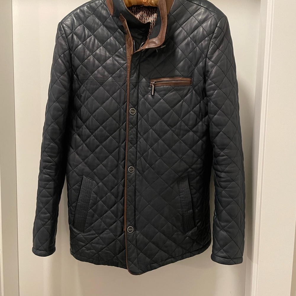 Black Zilli Lightweight Quilted Leather Jacket with Stand-Up Collar